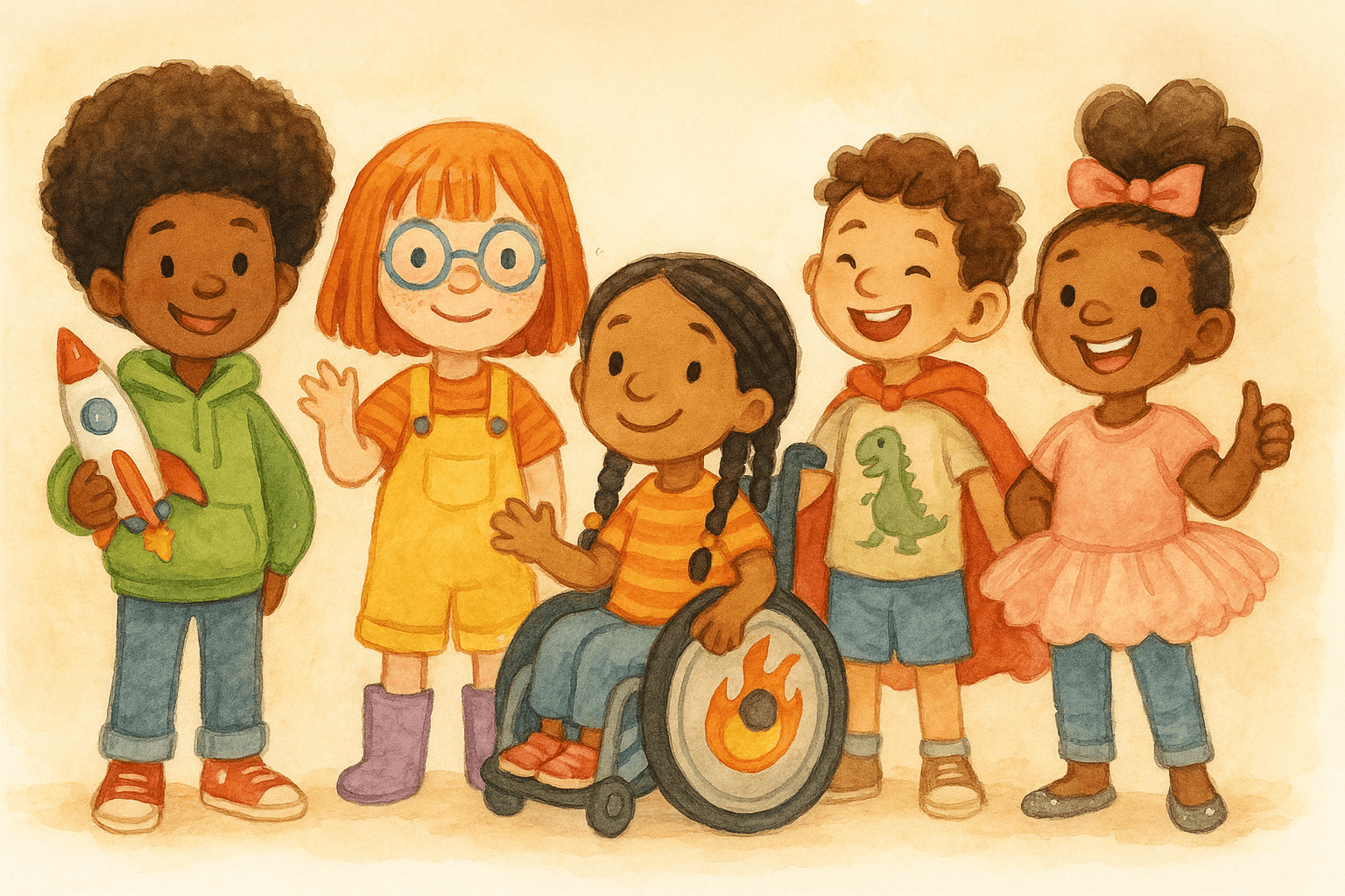 Five unique children's book characters — each with their own style, accessories, and personality