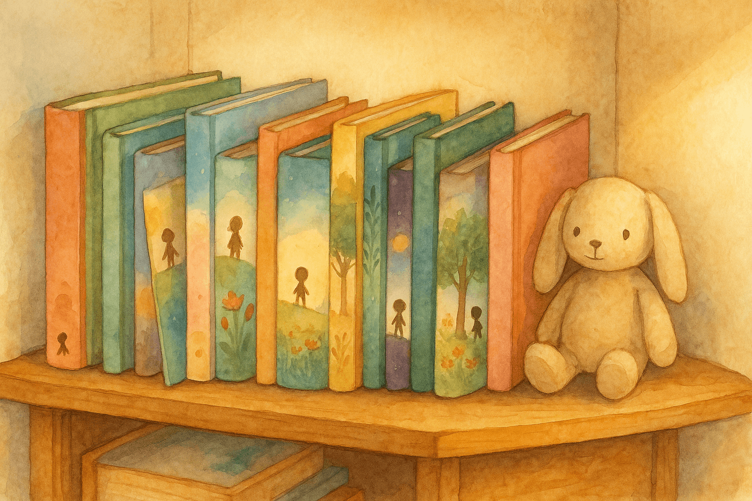 A cozy bookshelf holding 12 colorful children's picture books with the same child silhouette on every cover